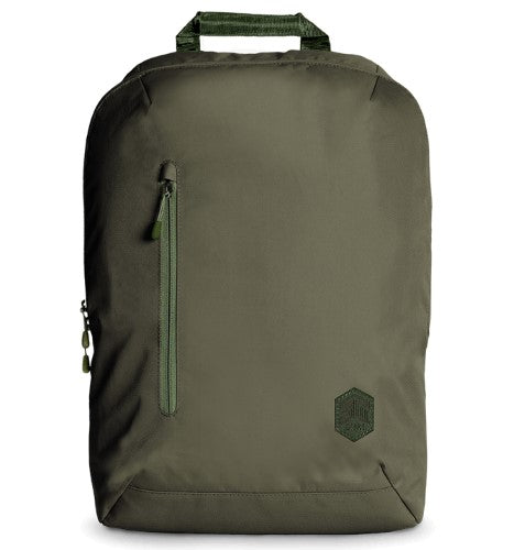 Eco-friendly STM backpack in olive, designed for 16" laptops, featuring secure zippers and a comfortable shoulder strap.