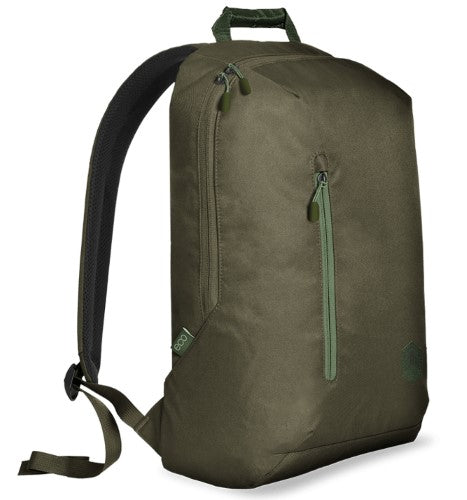 Eco-friendly olive backpack designed for 16" laptops, featuring recycled materials, secure zippers, and comfortable straps.