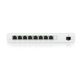 Gigabit PoE switch for MicroPoP with 8 RJ45 ports, 1 SFP port, 110W PoE, and silent fanless operation for WISP deployments.