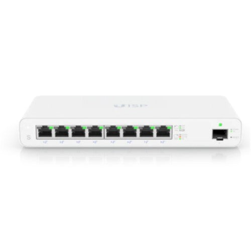 GIGABIT POE SWITCH FOR MICROPOP with 8 GbE ports, 1G SFP port, 110W PoE supply, fanless design, and wall-mountable.