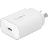 Belkin 25W USB-C PD 3.0 PPS Wall Charger in white, compact design for fast charging of mobile devices and tablets.