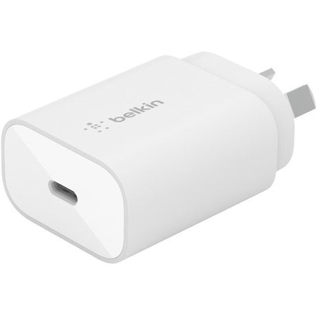 Belkin 25W USB-C PD 3.0 PPS Wall Charger in white, compact design for fast charging of mobile devices and tablets.