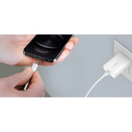 Belkin 25W USB-C PD 3.0 PPS Wall Charger in white, compact, fast-charging for mobile devices and tablets.