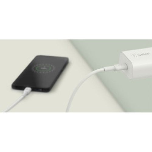 Belkin 25W USB-C wall charger in white, designed for fast, efficient charging of mobile devices with PD 3.0 and PPS technology.