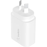 Belkin 25W USB-C wall charger in white, compact design for fast charging of mobile phones and tablets with smart power delivery.