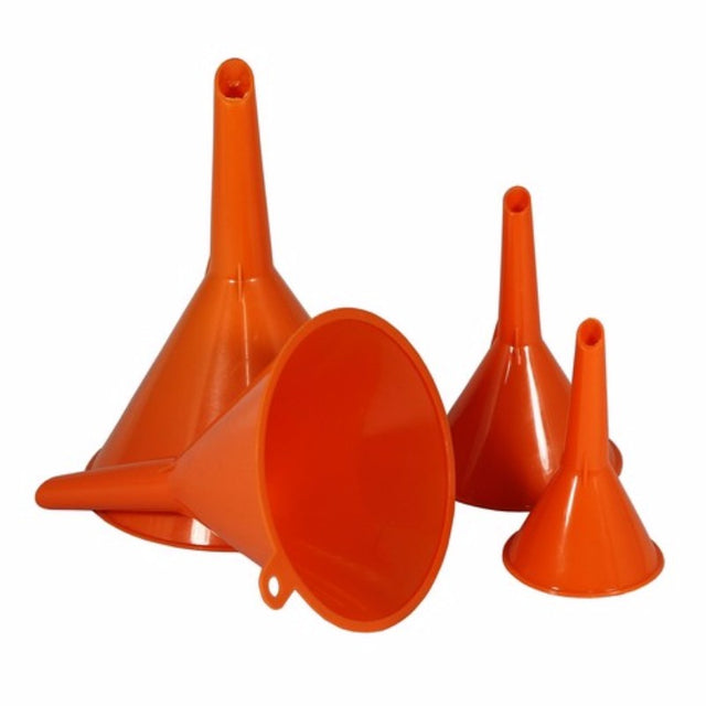 4-N-1 Multi Purpose Funnel Set with four durable, petrol-resistant funnels in sizes 50mm, 70mm, 95mm, and 115mm for versatile pouring.