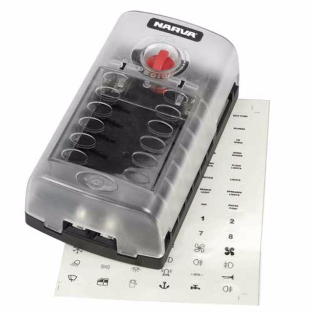 12-way Narva fuse box with a protective cover, designed for safe electrical distribution and circuit protection.