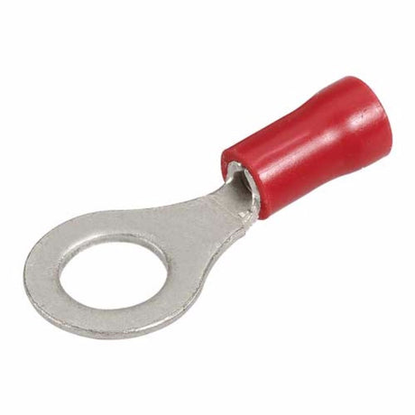 Red vinyl insulated terminal ring, 6.3mm diameter, for secure electrical wire connections in automotive and marine applications.