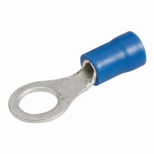 Blue 6.3mm ring terminals in a pack of 20, featuring flared vinyl insulation for secure electrical connections.