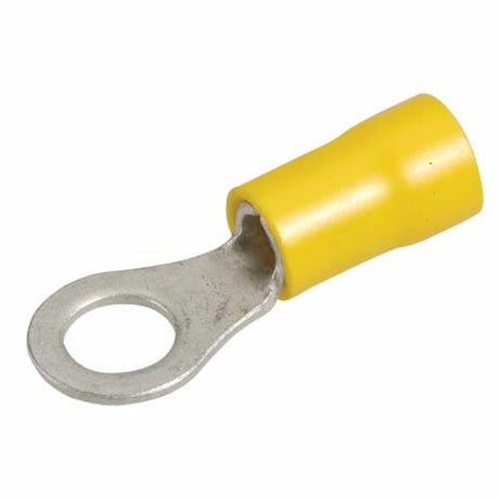 Yellow 6.3mm ring terminals in a pack of 12, designed for secure electrical connections in automotive and general wiring.
