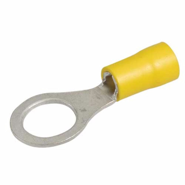 Yellow vinyl insulated ring terminals, 9.5mm for secure electrical connections, pack of 10 for automotive and DIY use.