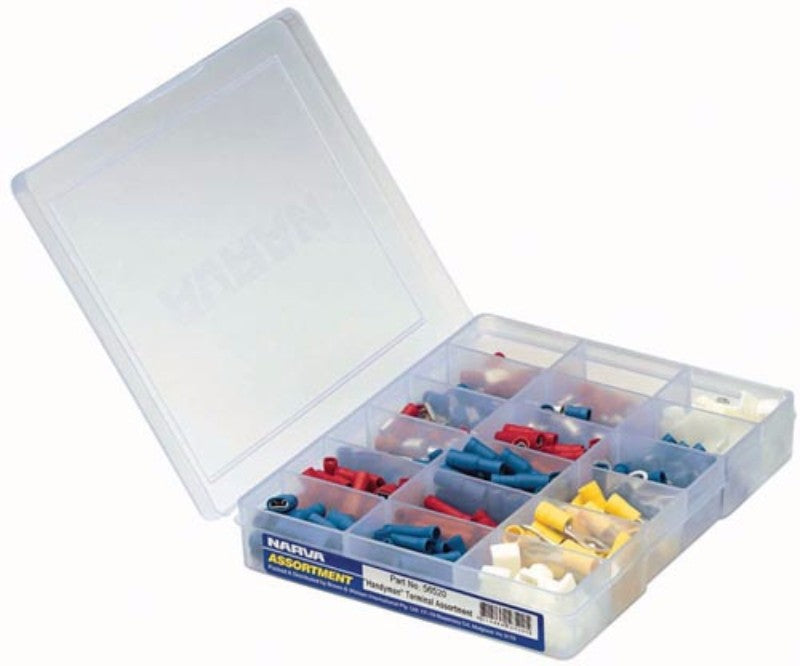 Narva Handyman Terminal Assortment, featuring 320 durable terminals in a clear case for easy organization and access.