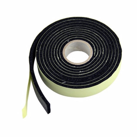 Self-adhesive weather strip tape, 19mm x 1.8m, made of sponge rubber to seal gaps in doors and windows for energy efficiency.