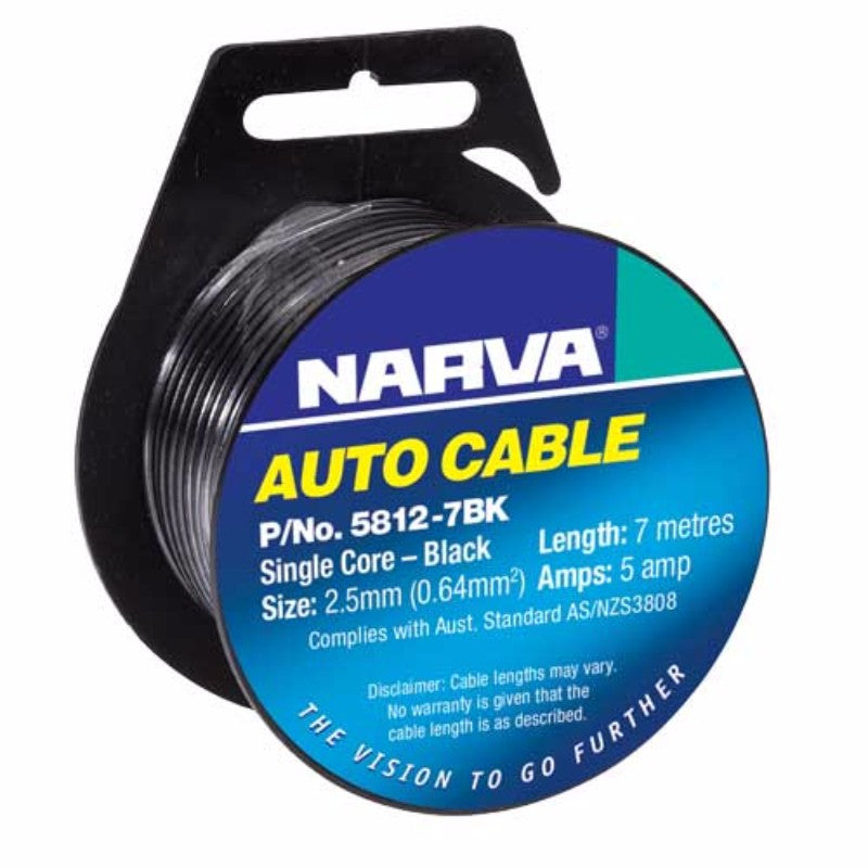 Narva 7m single core black cable made of oxygen-free copper, ideal for electrical wiring and installation projects.