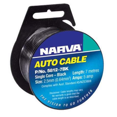 Narva 7m single core black cable made of oxygen-free copper, ideal for electrical wiring and installation projects.