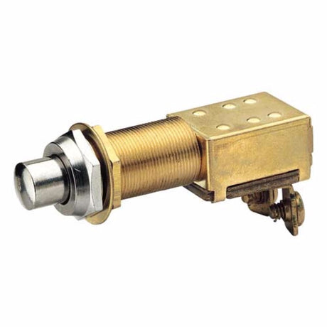 Narva 15A momentary switch with brass body, chrome knob, and easy screw terminals for automotive and marine applications.