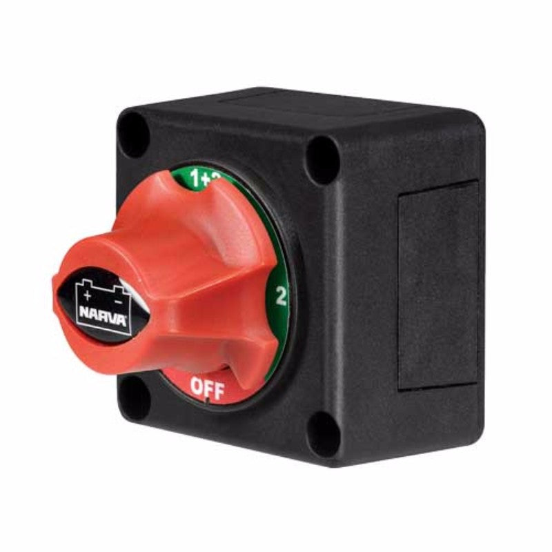 Durable Narva 4-Position marine battery switch with brass terminals, ideal for power management up to 48VDC, features LED indicators.