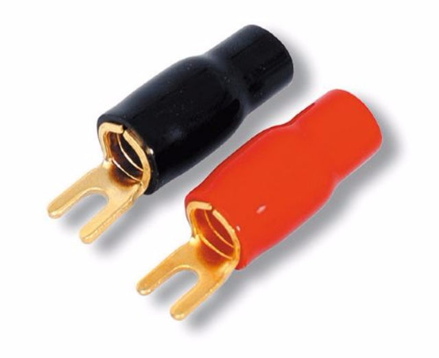 Gold-plated fork terminals 4ga pack, includes 2 red and 2 black, designed for 4mm post connections.