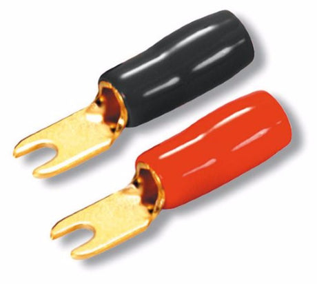 Gold plated fork terminals 8ga, 12 pack with 6 red and 6 black for secure electrical connections on 3mm posts.