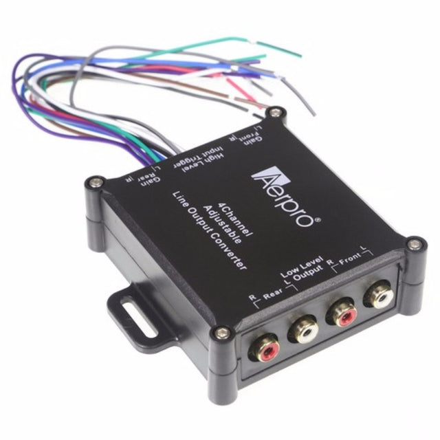 Four Channel Line Output Converter for car audio, converting speaker signals to RCA with noise filter and adjustable gain.