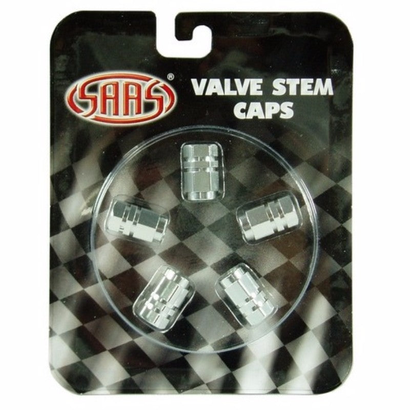 Premium silver valve caps pack of 5, designed to protect valves and enhance vehicle aesthetics.