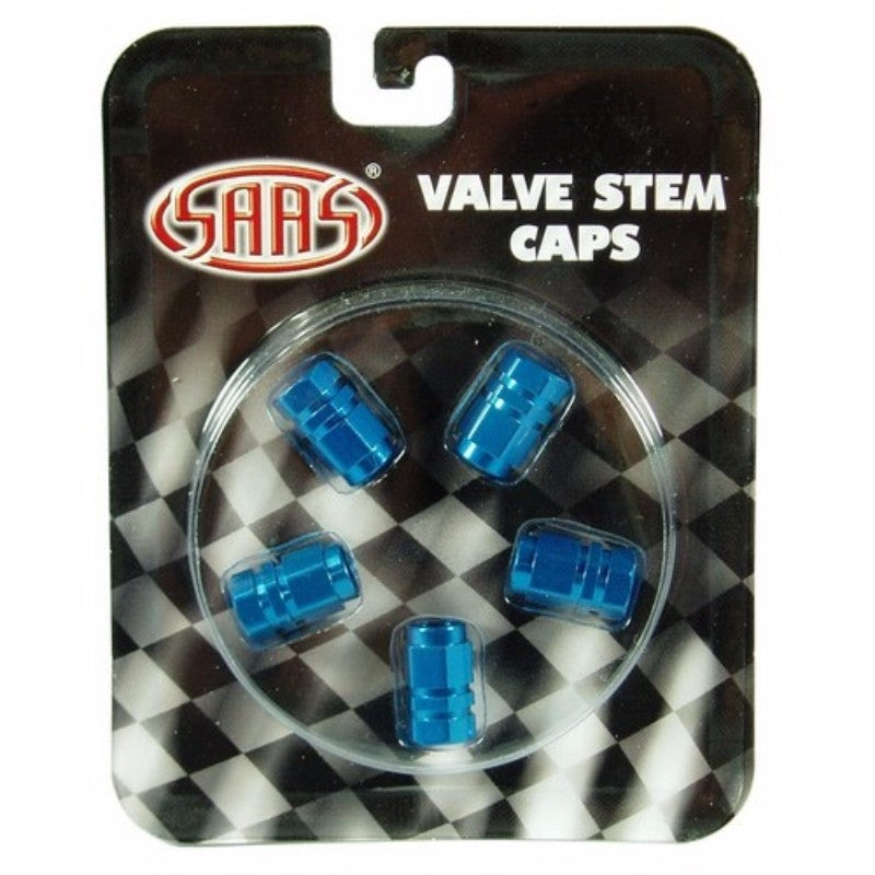 Set of 5 vibrant blue valve caps designed to enhance vehicle aesthetics and protect tire valve stems.