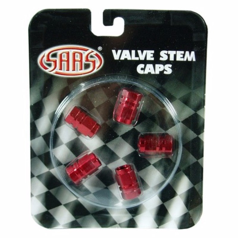 Set of 5 vibrant red valve caps for tire protection and style, compatible with most standard valve stems.