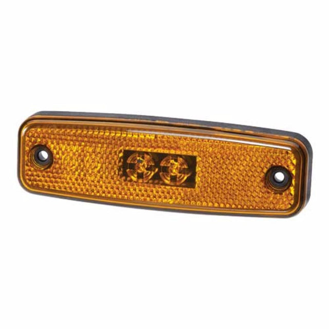 Amber LED side marker light for vehicles, low-profile design, IP66/IP68 rated, multi-voltage 10-30V, durable 100,000-hour lifespan.