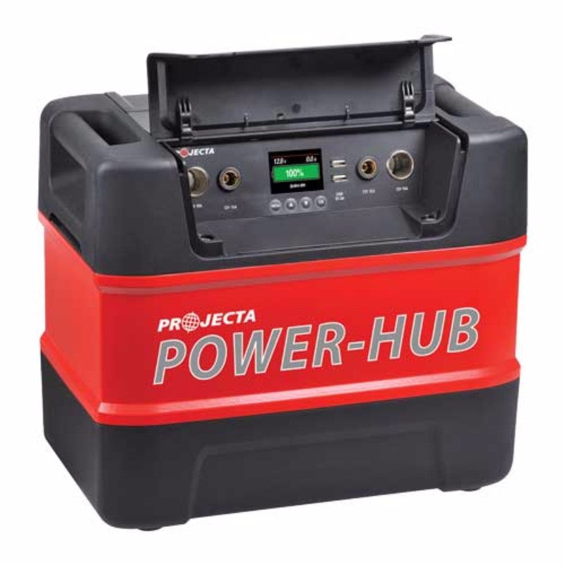 Portable Projecta Power Hub with 300W Pure Sine Inverter for camping, powering devices safely with USB and AC outlets.