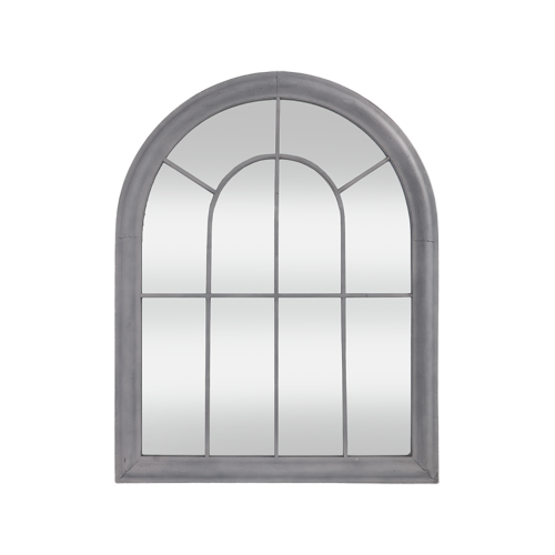 Elegant metal arch mirror, inspired by Saxon church windows, measuring 88 x 69cm for outdoor decor and reflection.