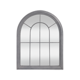 Elegant metal arch mirror, inspired by Saxon church windows, measuring 88 x 69cm for outdoor decor and reflection.