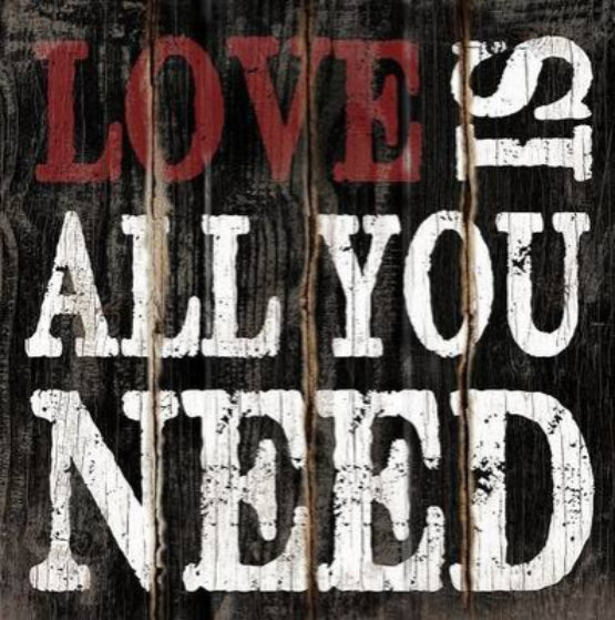 Wooden wall art with "LOVE IS ALL YOU NEED" in vibrant colors, 40cm, crafted from reclaimed wood, ready to hang.