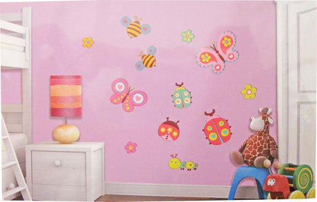 Colorful Glittery Bugs wall decals featuring butterflies and ladybugs, perfect for children's rooms and easy to reposition.