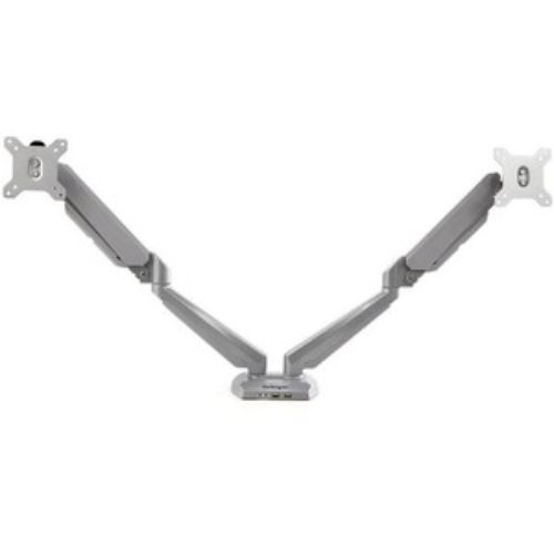 Dual monitor arm featuring USB/audio ports, supports 15"-32" displays, with full-motion adjustments and durable silver finish.