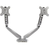 Desk mount dual monitor arm with USB/audio, supports 15"-32" displays, adjustable, durable silver aluminum construction.