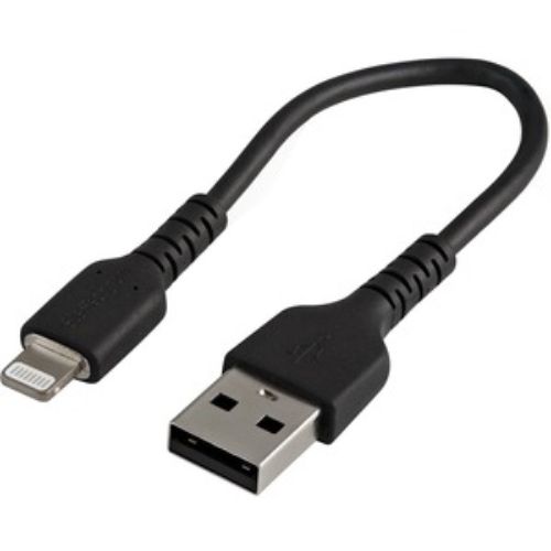 Durable 6" USB-A to Lightning cable (black) for fast charging and data transfer, compatible with various Apple devices.