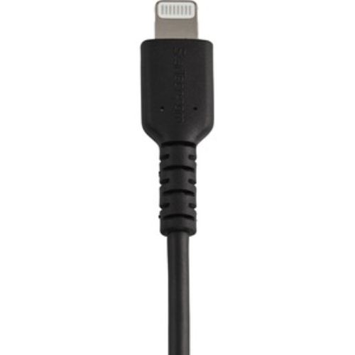 Durable 6" USB-A to Lightning cable in black, designed for rapid charging and data transfer with enhanced durability and flexibility.