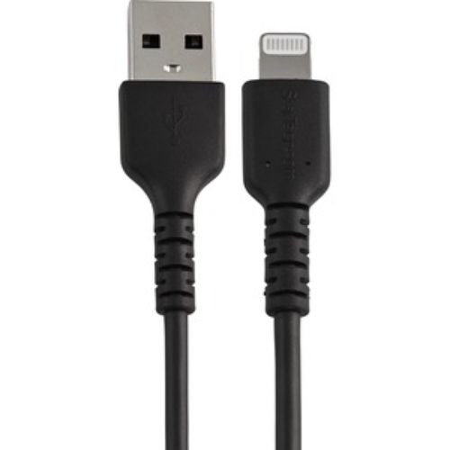 Durable 6" USB-A to Lightning cable in black, designed for fast charging and data transfer for Apple devices with enhanced durability.