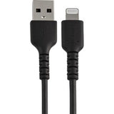 Durable 6" USB-A to Lightning cable in black, designed for fast charging and data transfer for Apple devices with enhanced durability.