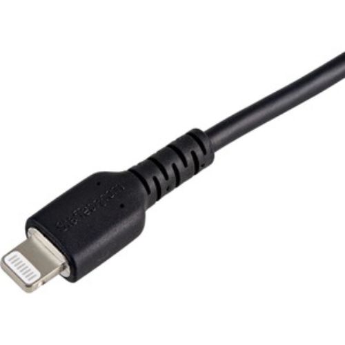 Durable 6" USB-A to Lightning cable in black, designed for fast charging and data transfer with eco-friendly materials.