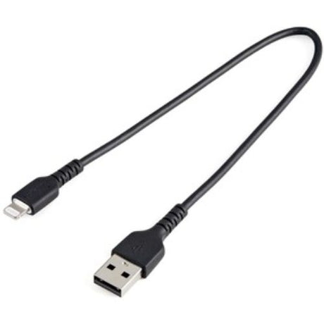 Durable 12" USB-A to Lightning cable in black for efficient charging and syncing of Apple devices, reinforced for flexibility and durability.