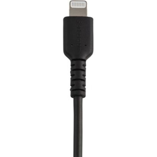 Durable 12" USB-A to Lightning cable in black, designed for efficient charging and syncing of Apple devices.