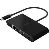 Belkin USB-C Multimedia + Charge Adapter, 5-in-1 with 4K HDMI, VGA, Gigabit Ethernet, and 100W pass-through charging for devices.