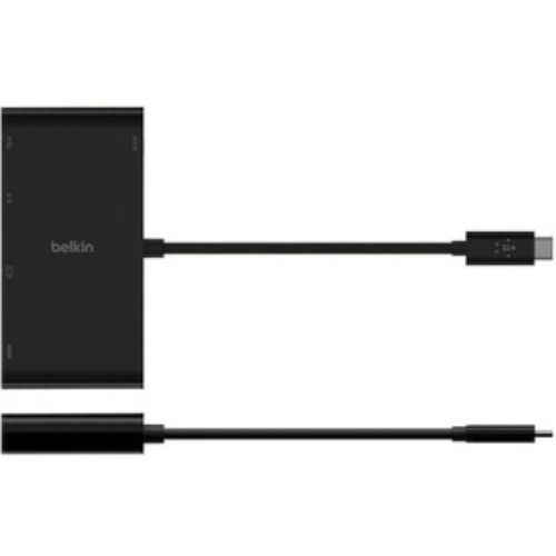 Belkin USB-C Multimedia + Charge Adapter with HDMI, VGA, USB-A, and Ethernet for seamless connectivity and charging.