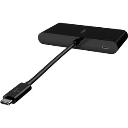 Belkin USB-C Multimedia + Charge Adapter with HDMI, VGA, USB-A, and Gigabit Ethernet for seamless connectivity and charging.