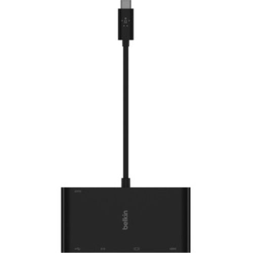 Belkin USB-C Multimedia + Charge Adapter showcasing 5 ports for versatile connectivity, including 4K HDMI and 100W power delivery.