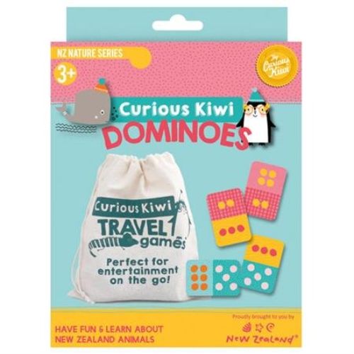 NZ-themed dominoes set in a drawstring bag, featuring pastel illustrations for fun family gameplay and easy transport.