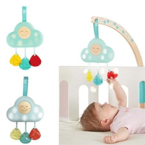 Hape Musical Cloud Light with raindrop controls, soothing sounds, sleep timer, and crib attachment for comforting bedtime.