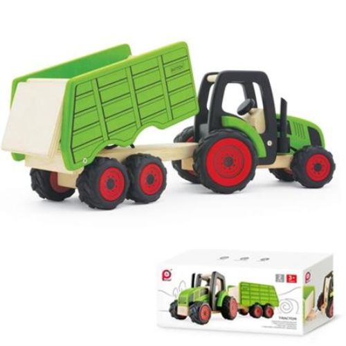 Bright red tractor with detachable trailer and removable hay fence, perfect for imaginative play and learning for ages 3+.