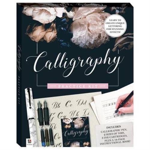 Calligraphy Practice Kit includes instructions, pen, nibs, and inks for mastering Foundational and Gothic styles in a portable format.